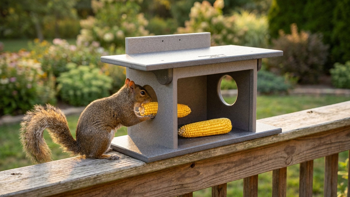 Amish-made squirrel corn feeder mounted on a wooden post, made from durable poly lumber for wildlife feeding.
