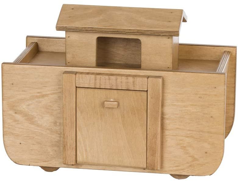 Amish-made wooden Noah's Ark toy with 14 colorful wooden animals on the ark, part of AmishToyBox.com's wooden train and truck collection.