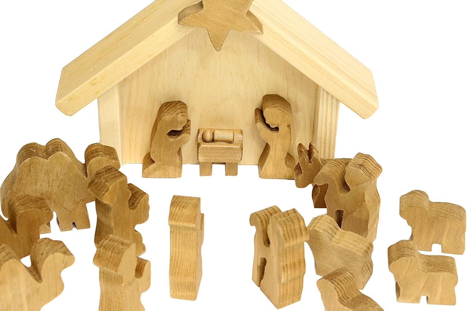 Wooden AmishToyBox.com Nativity manger scene set with 14 pieces, featuring baby Jesus, Mary, Joseph, and animals in natural wood finish.