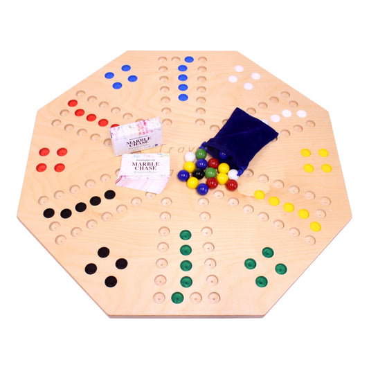Travel marble chase board game set on a double-sided 23-inch wide wooden board, featuring colorful marbles and game pieces.