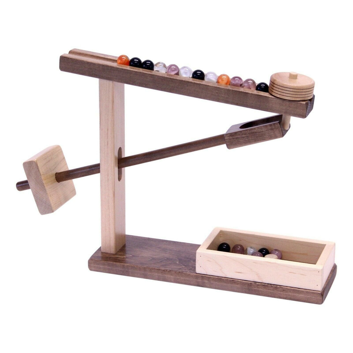 Amish-made wooden marble roller toy with maple and walnut finish, featuring colorful marbles and smooth rolling balls for children.