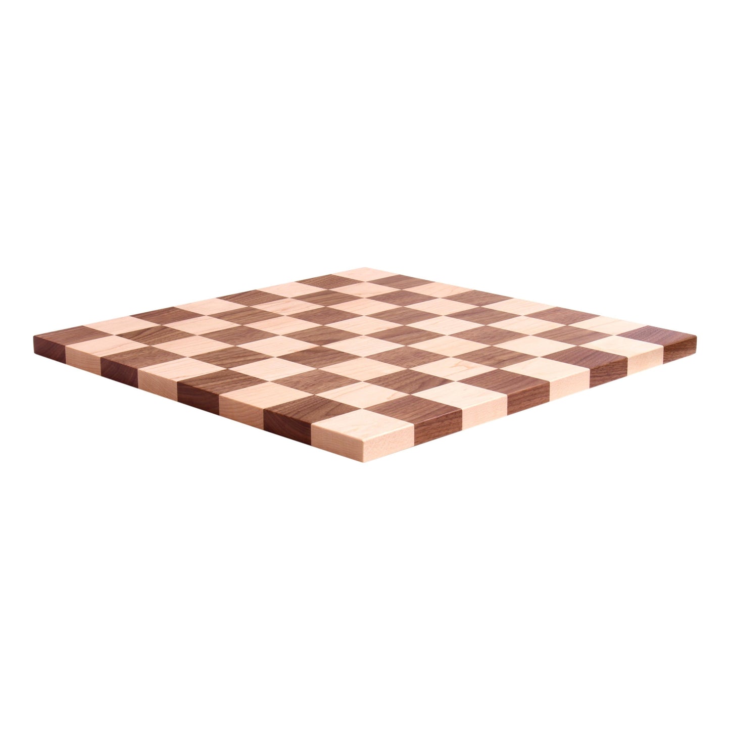 Maple and walnut hardwood 18-inch chess and checkers game board, crafted by AmishToyBox.com, featuring detailed wood grain and playing surface.