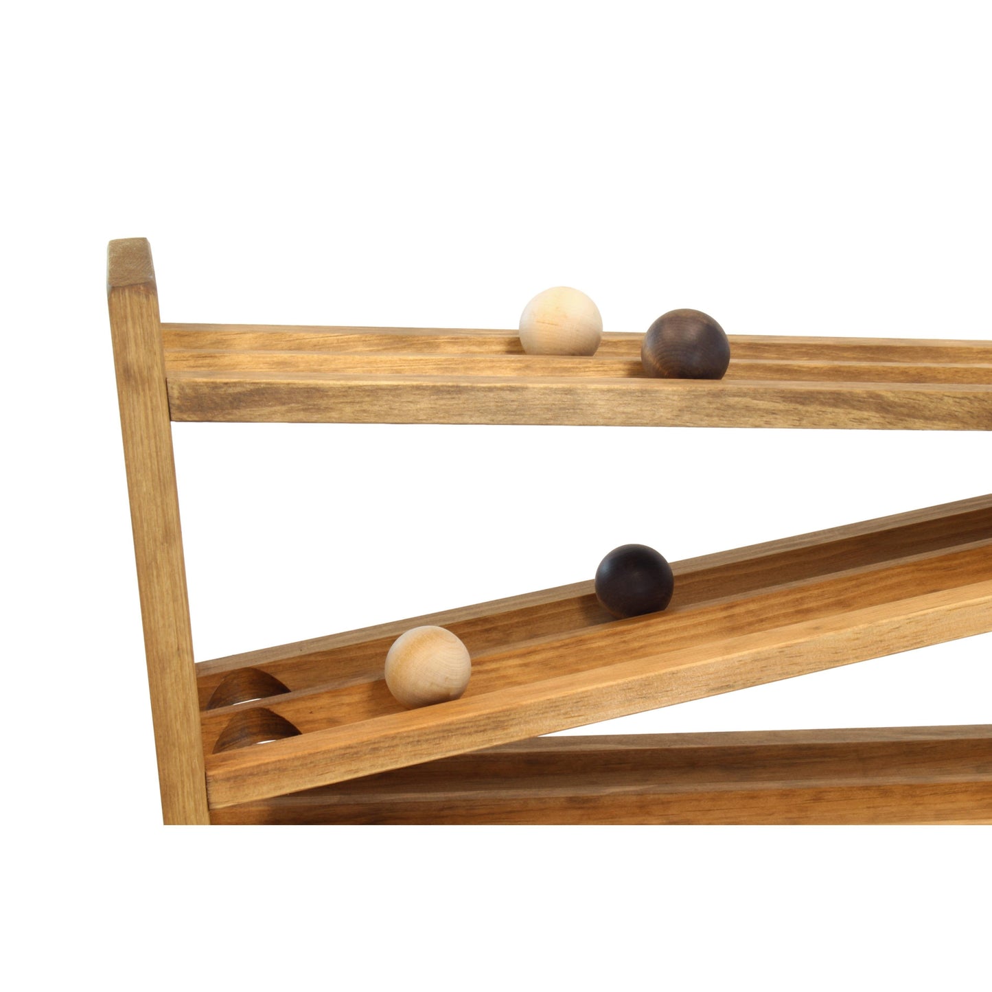 Amish-made wooden ball roller racetrack toy with 8 colorful wooden balls on a smooth wooden track.