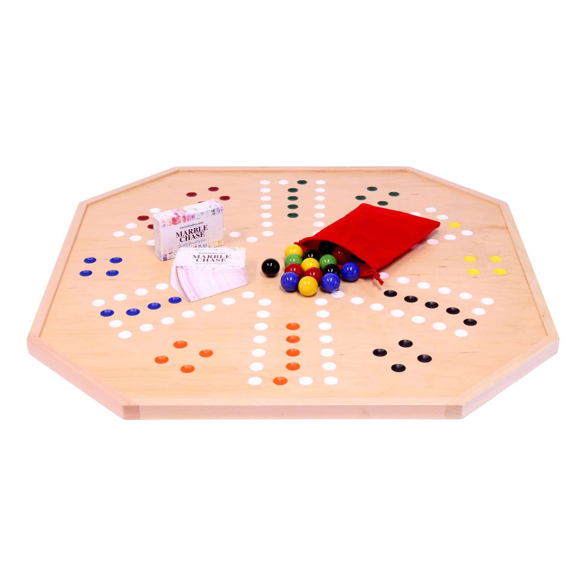 Wooden marble chase board game set by AmishToyBox.com, 25-inch wide double-sided wooden game board with marble pathways.