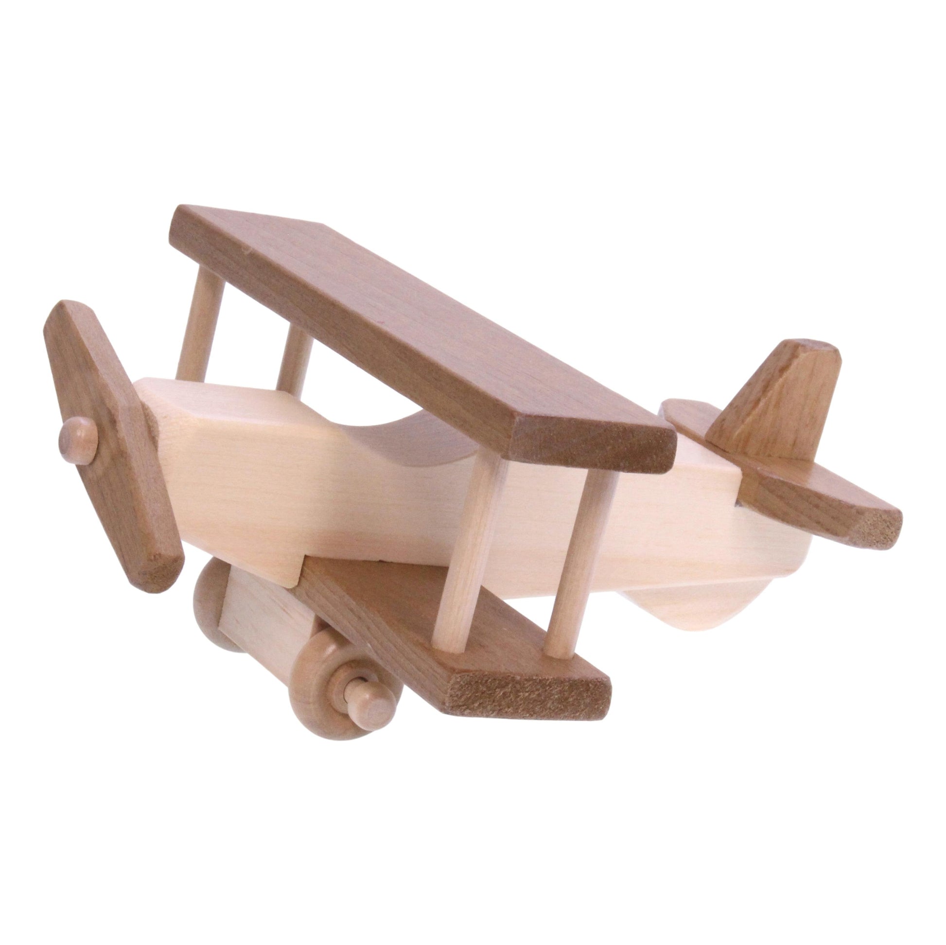 Wooden toy airplane with spinning propeller and kid-safe finish, crafted by AmishToyBox.com, perfect for imaginative play.