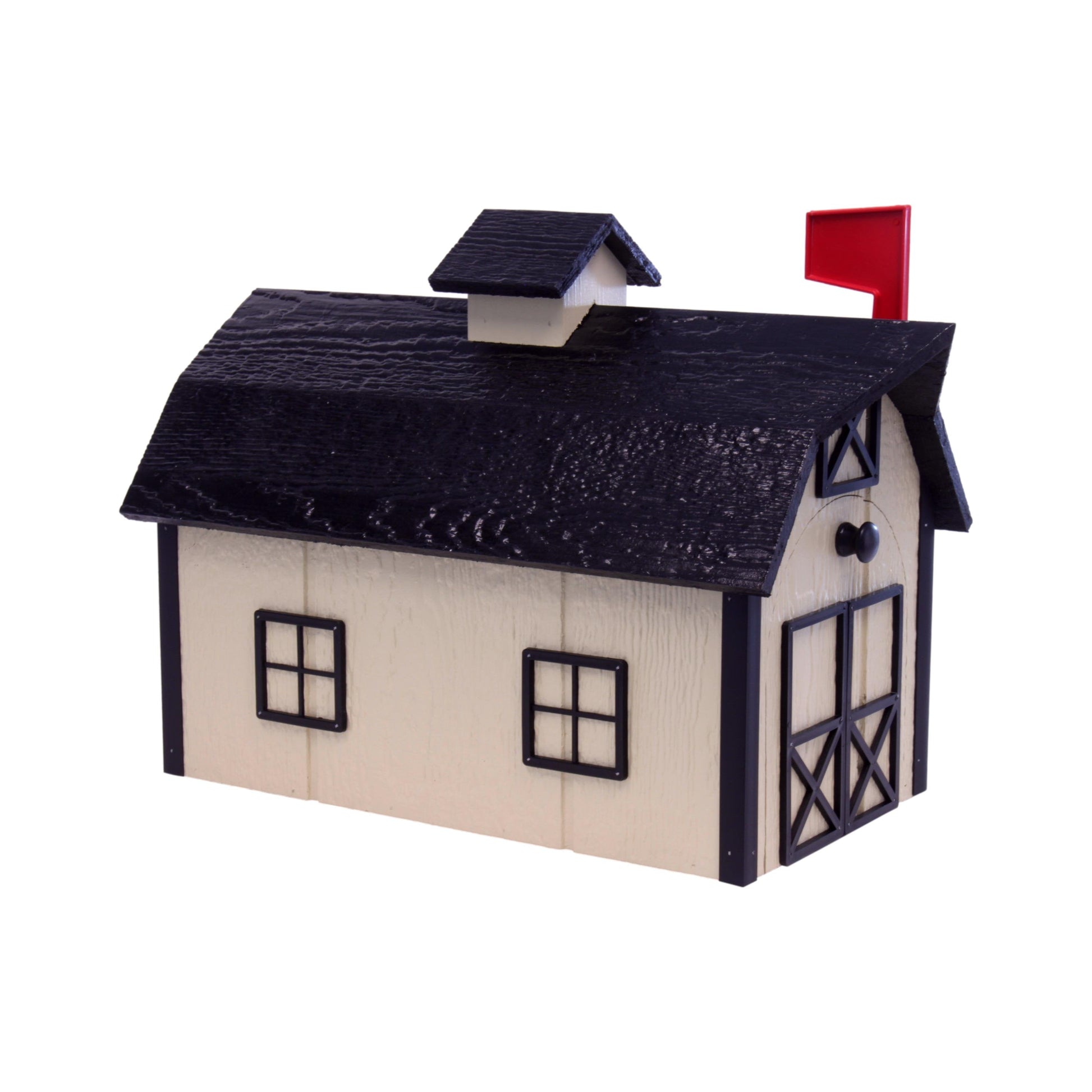 Amish-made wooden Dutch barn style mailbox mounted on a post, designed for outdoor home delivery, from AmishToyBox.com.