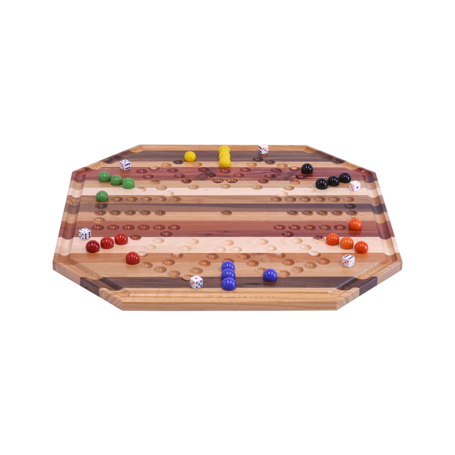 Multi-Wood Aggravation marble game board set by AmishToyBox.com, featuring a 24-inch wide wooden toy with colorful marbles.