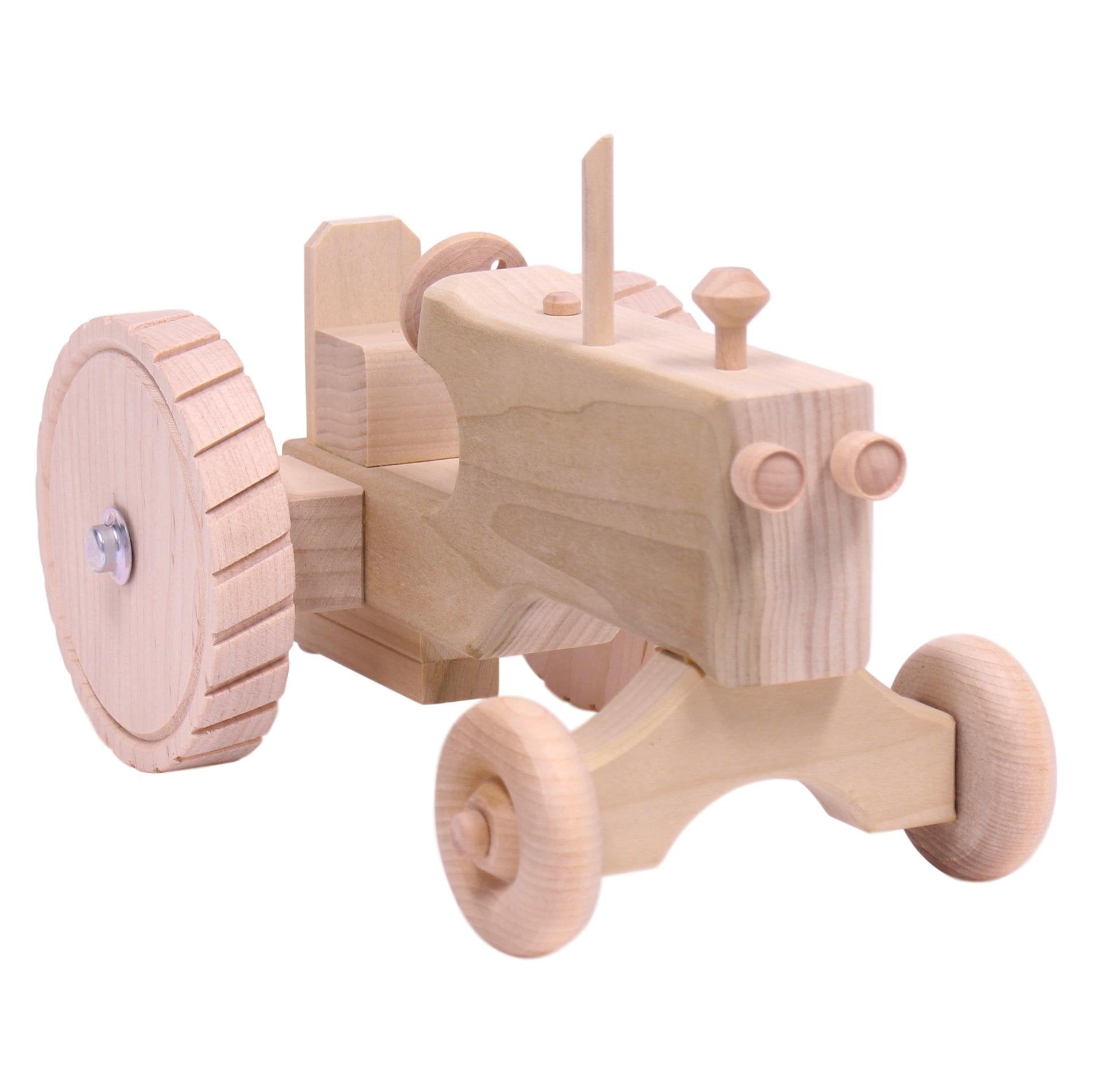 Amish-made unfinished wooden toy tractor with hitch, ideal for farming play, crafted by AmishToyBox.com