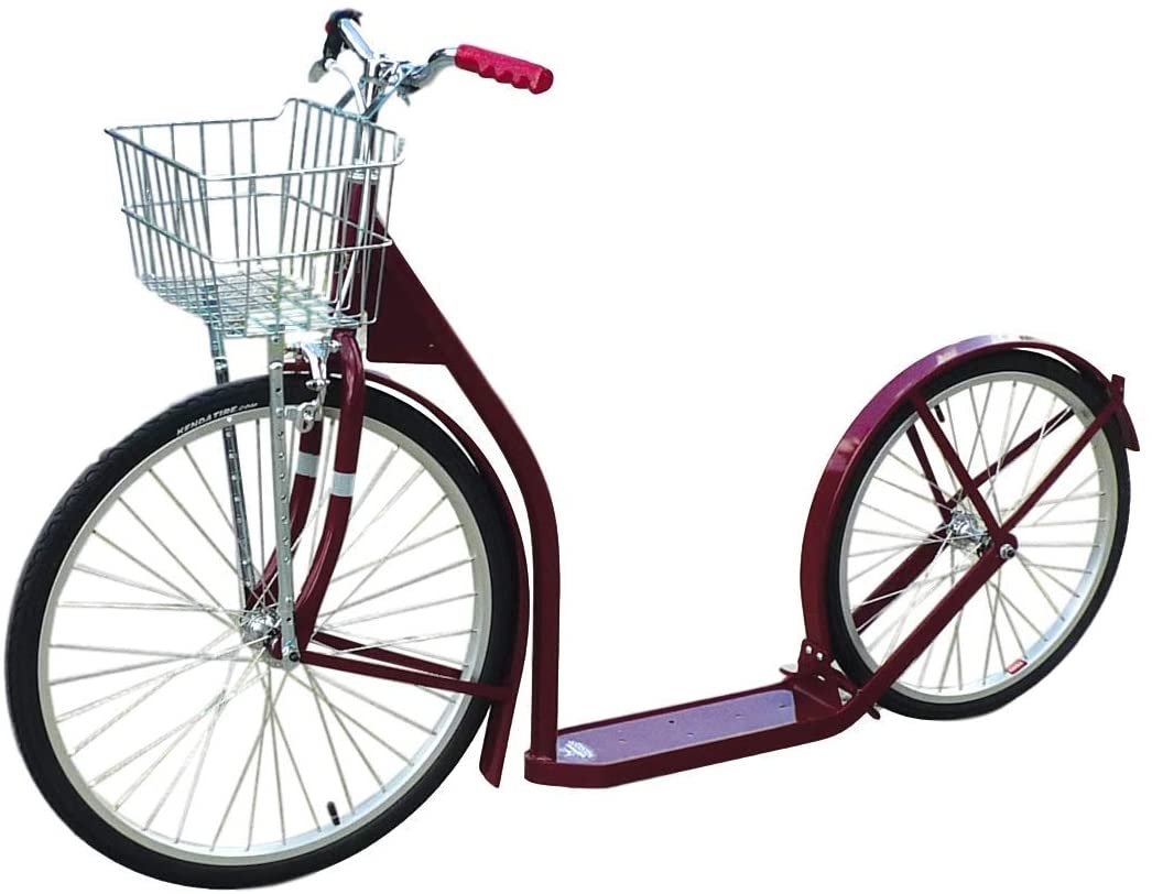 Amish-made deluxe adult kick scooter with 24-inch front wheel and 20-inch rear wheel, featuring a sturdy metal frame and handlebars.