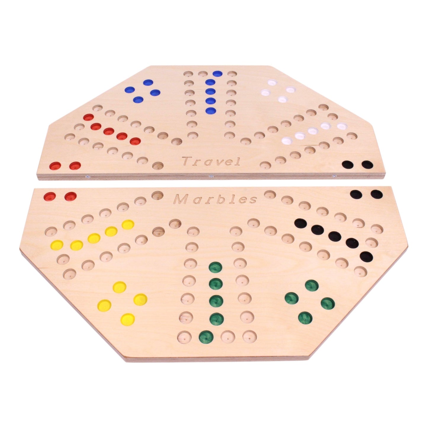 Travel Marble Chase Board Game set with a 23-inch double-sided marble chase board, featuring colorful marbles and game pieces.