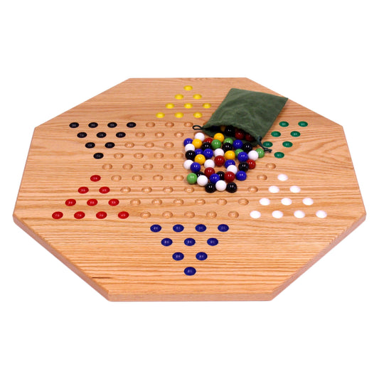 Hand-painted oak wooden Chinese checkers board game, 19-inch wide, with colorful marbles, crafted by AmishToyBox.com.
