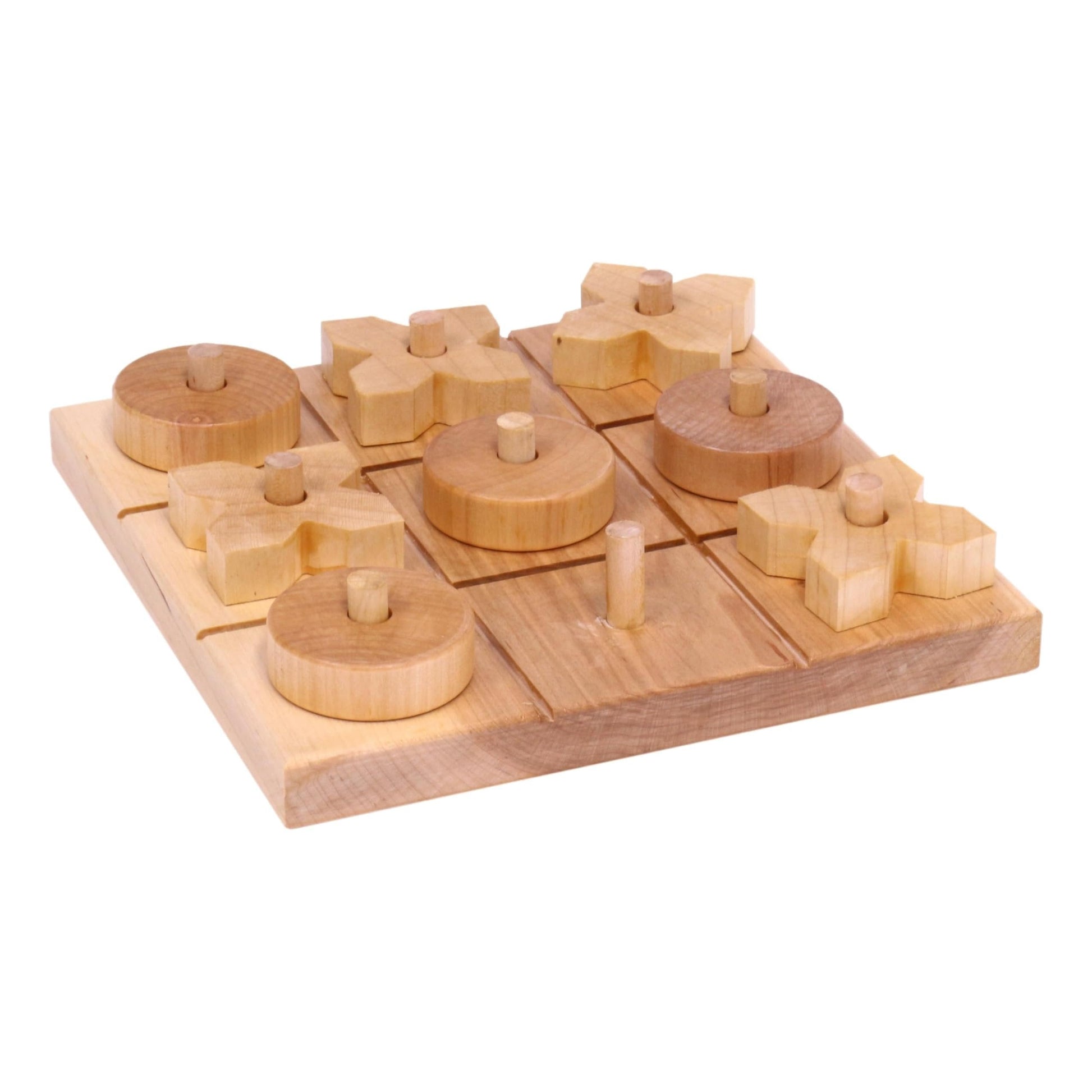 Amish-made wooden Tic Tac Toe game with 8 X and O game pieces on a wooden board, perfect for family play and classic fun.