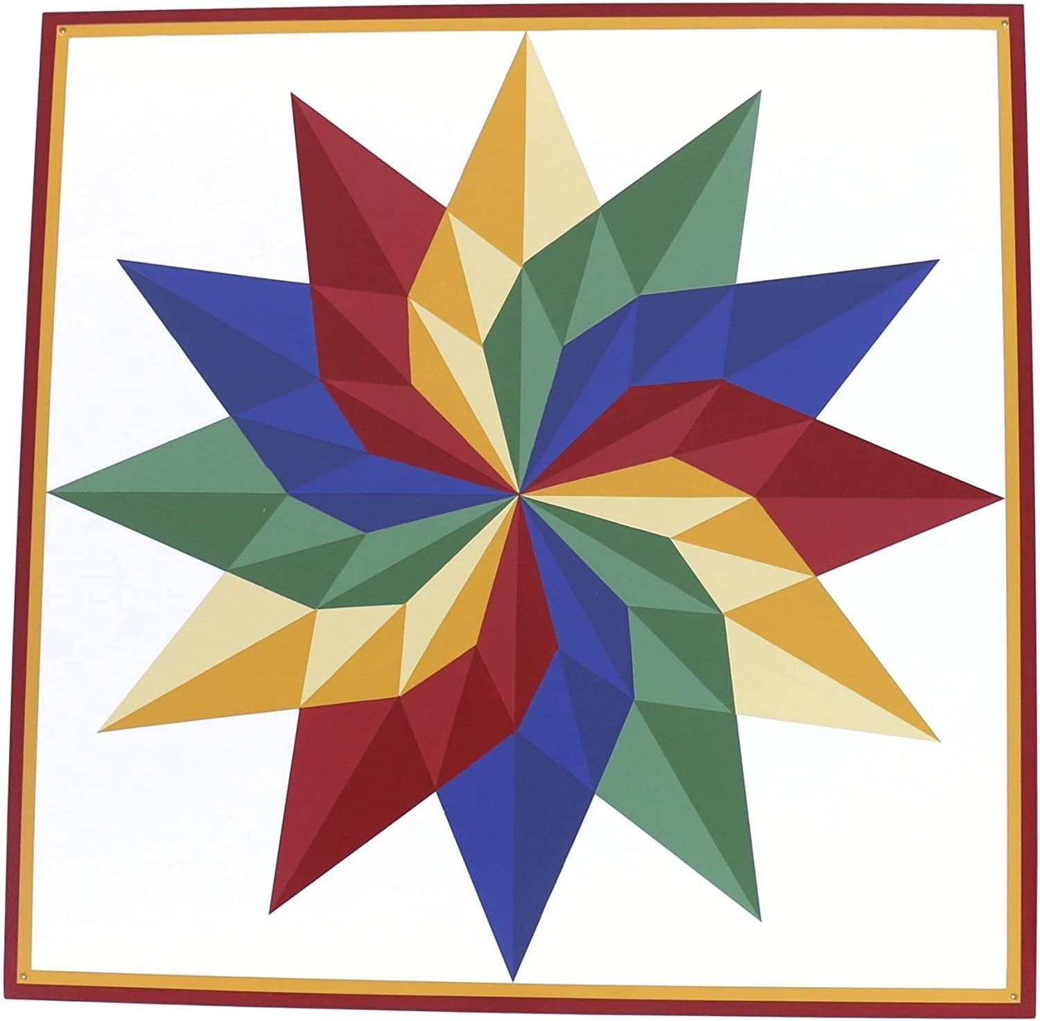 Hand-painted AmishToyBox.com barn quilt sign with dahlia sunburst design, 36-inch square decor for lawn and patio.