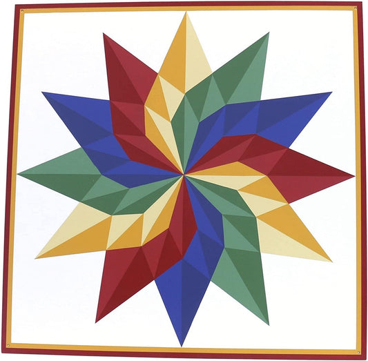 Hand-painted AmishToyBox.com barn quilt sign featuring a 36-inch dahlia "Sunburst" design for outdoor decor.