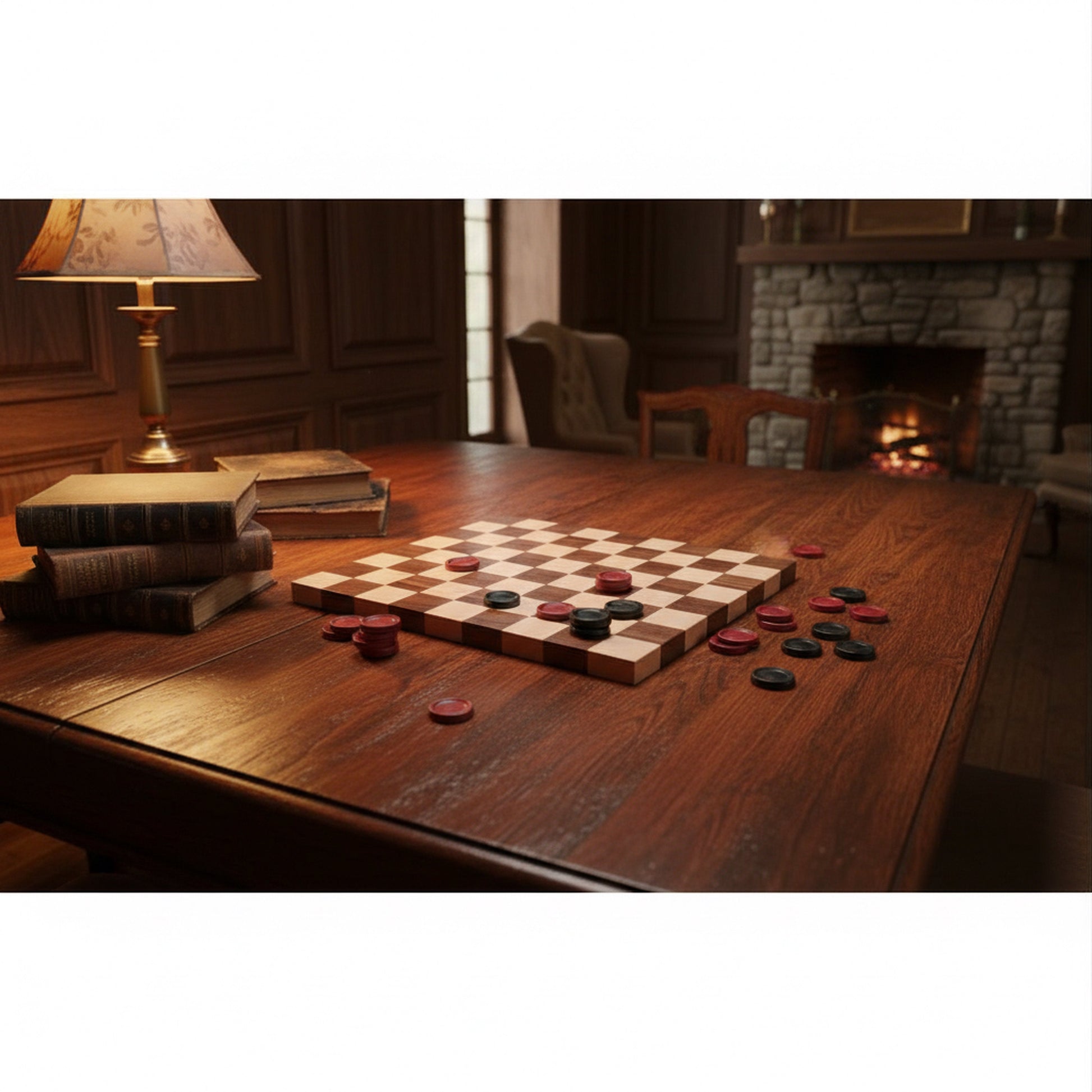 Maple and walnut hardwood 18-inch chess and checkers game board, crafted for classic wooden board game play.
