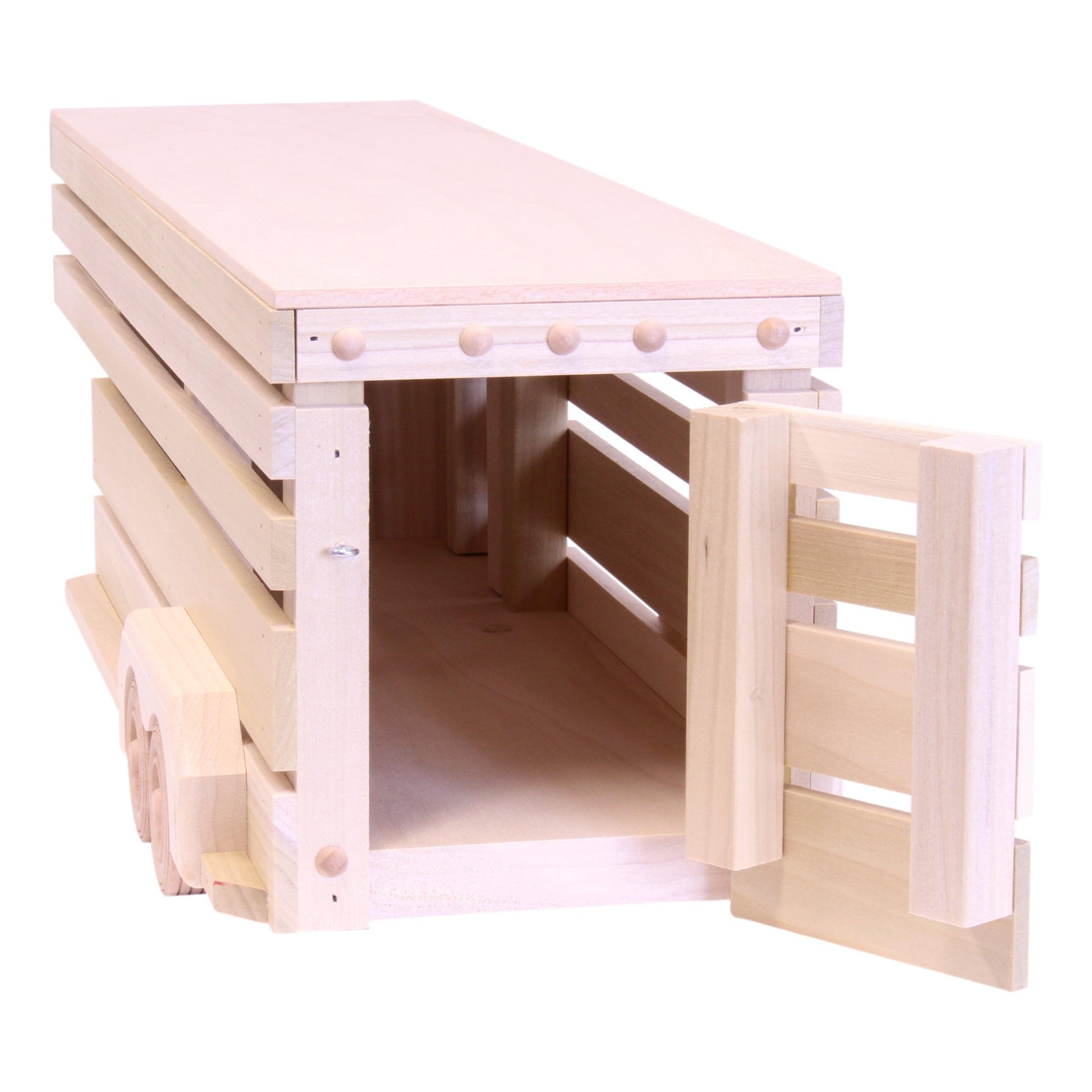 Amish-made wooden toy pickup truck with gooseneck trailer set, farm-themed wooden toy from AmishToyBox.com, detailed and colorful.