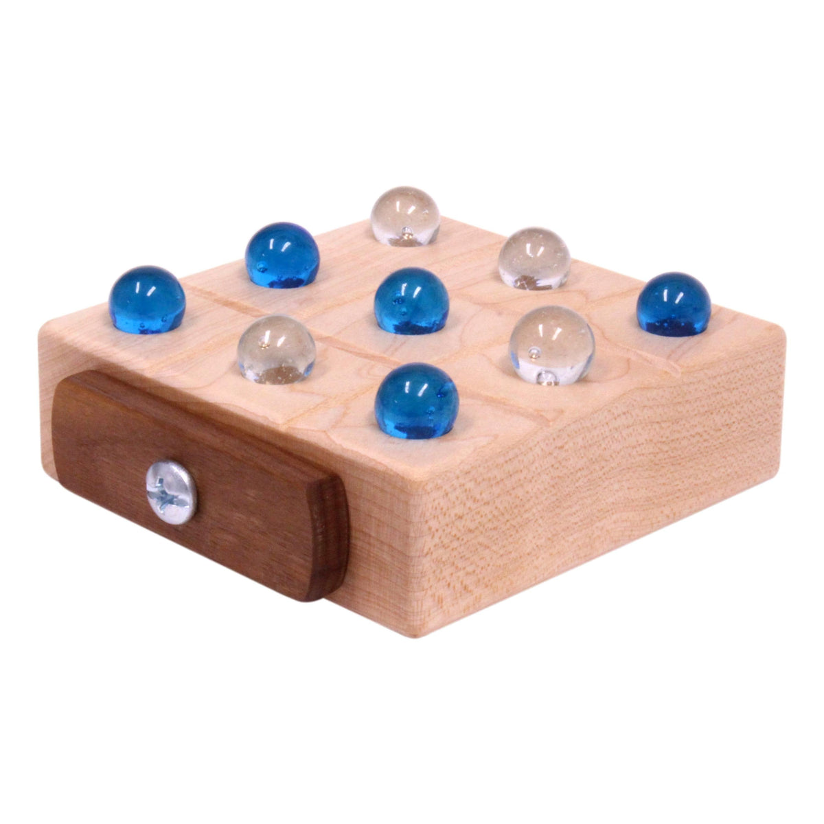 Wooden Tic Tac Toe game by AmishToyBox.com with marble storage, featuring a natural wood finish and game pieces inside.