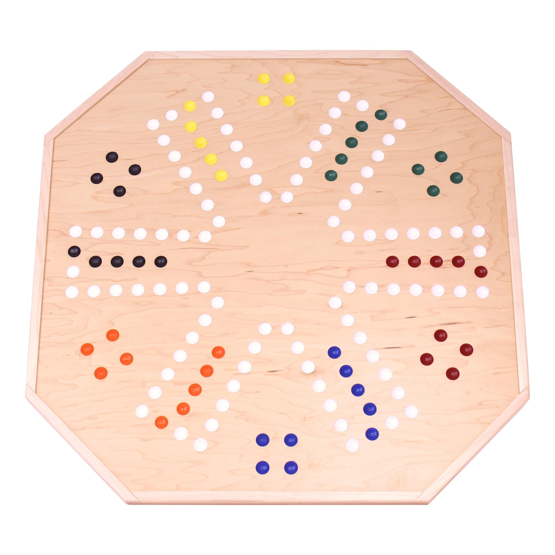 Wooden marble chase board game set by AmishToyBox.com, 25-inch double-sided wooden game board with colorful marbles.