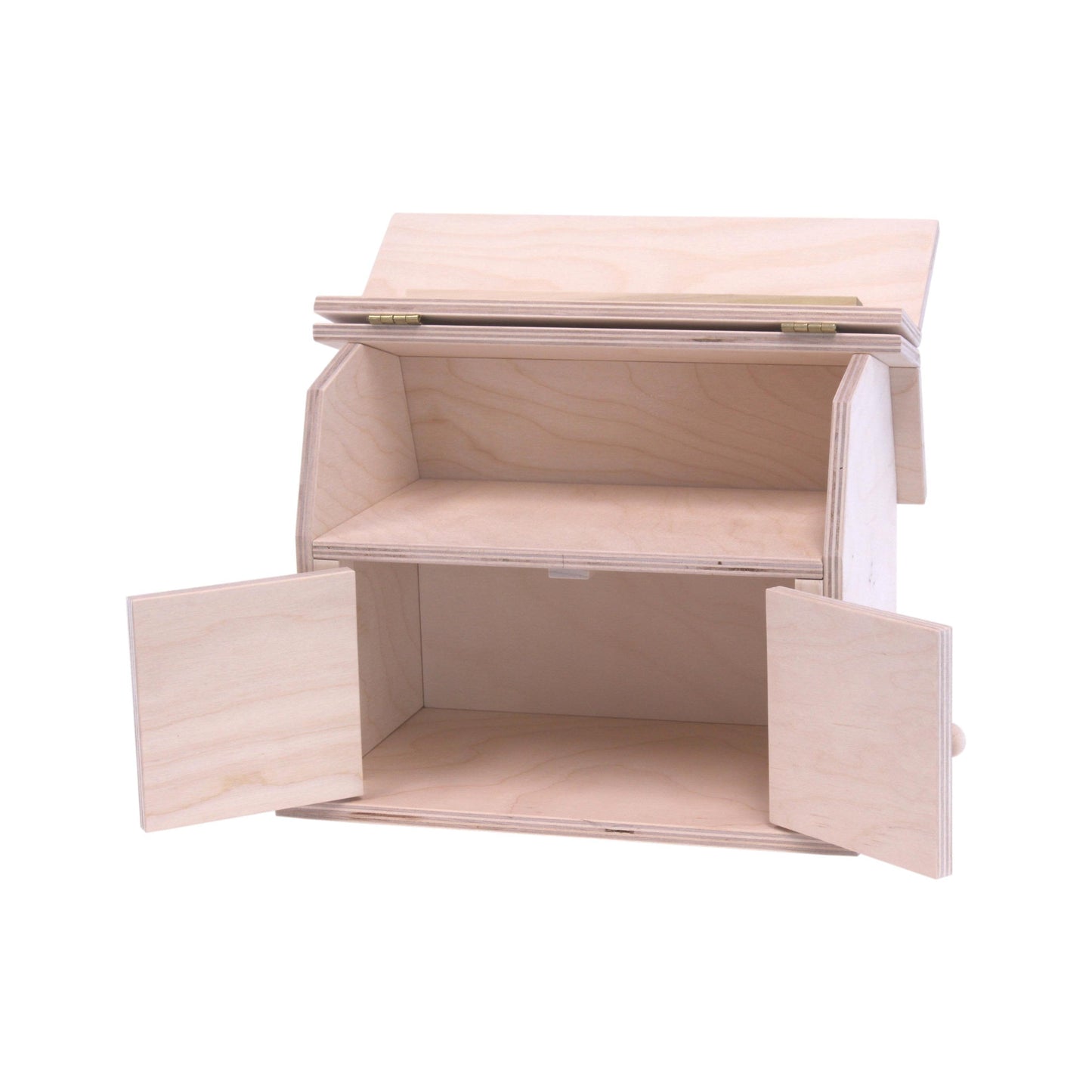 Amish-made mini wooden barn toy with a hip roof design, featuring detailed wood craftsmanship and a rustic appearance.