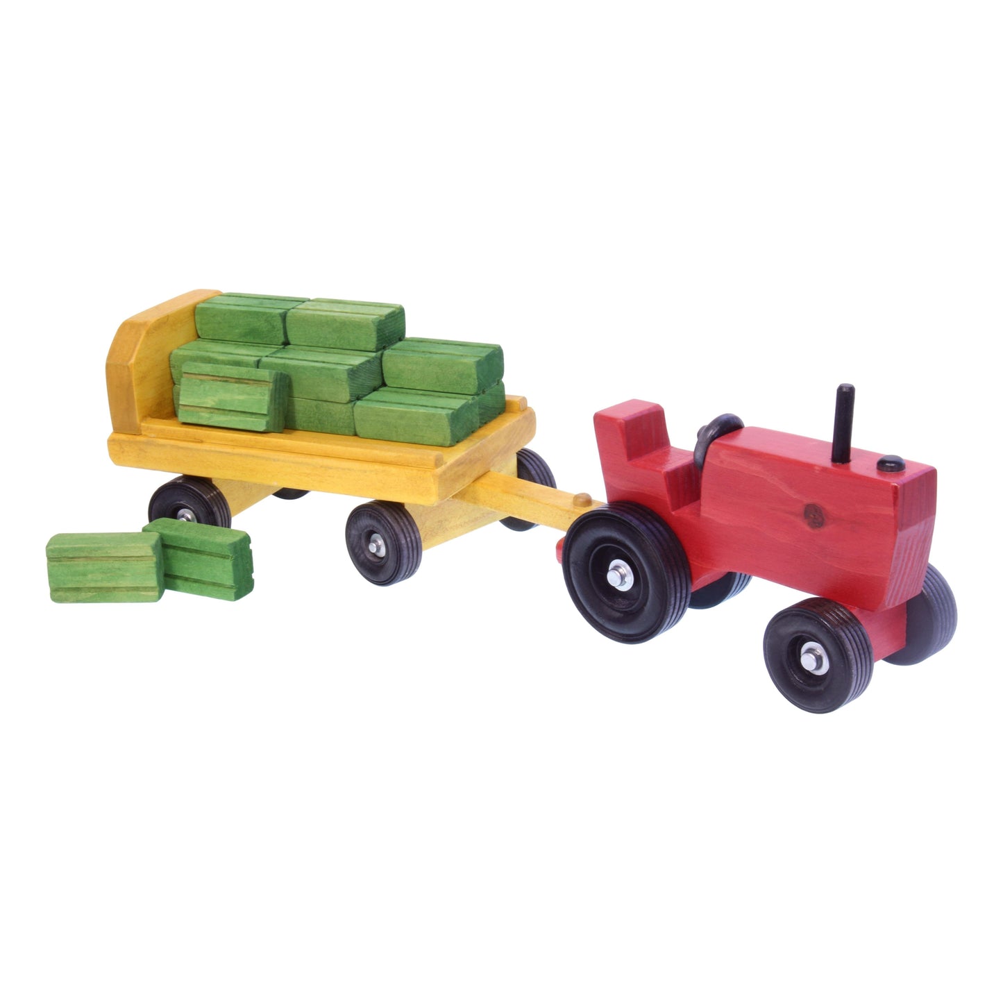 Amish-made wooden toy tractor and wagon set with hay bales, perfect for kids' imaginative play, by AmishToyBox.com