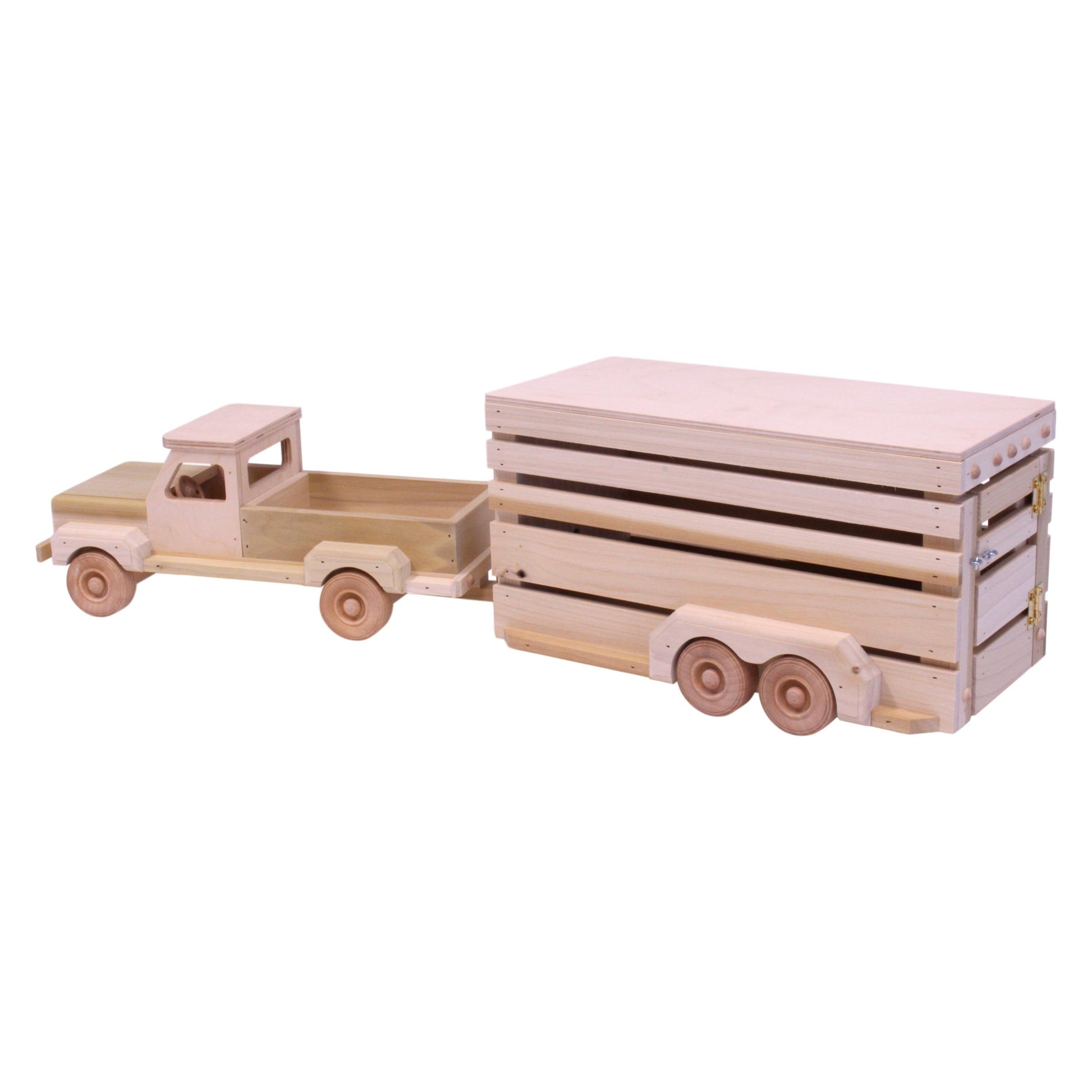 Amish-made unfinished wooden pickup and horse trailer toy set for children, part of AmishToyBox.com's farm-themed wooden toys collection.