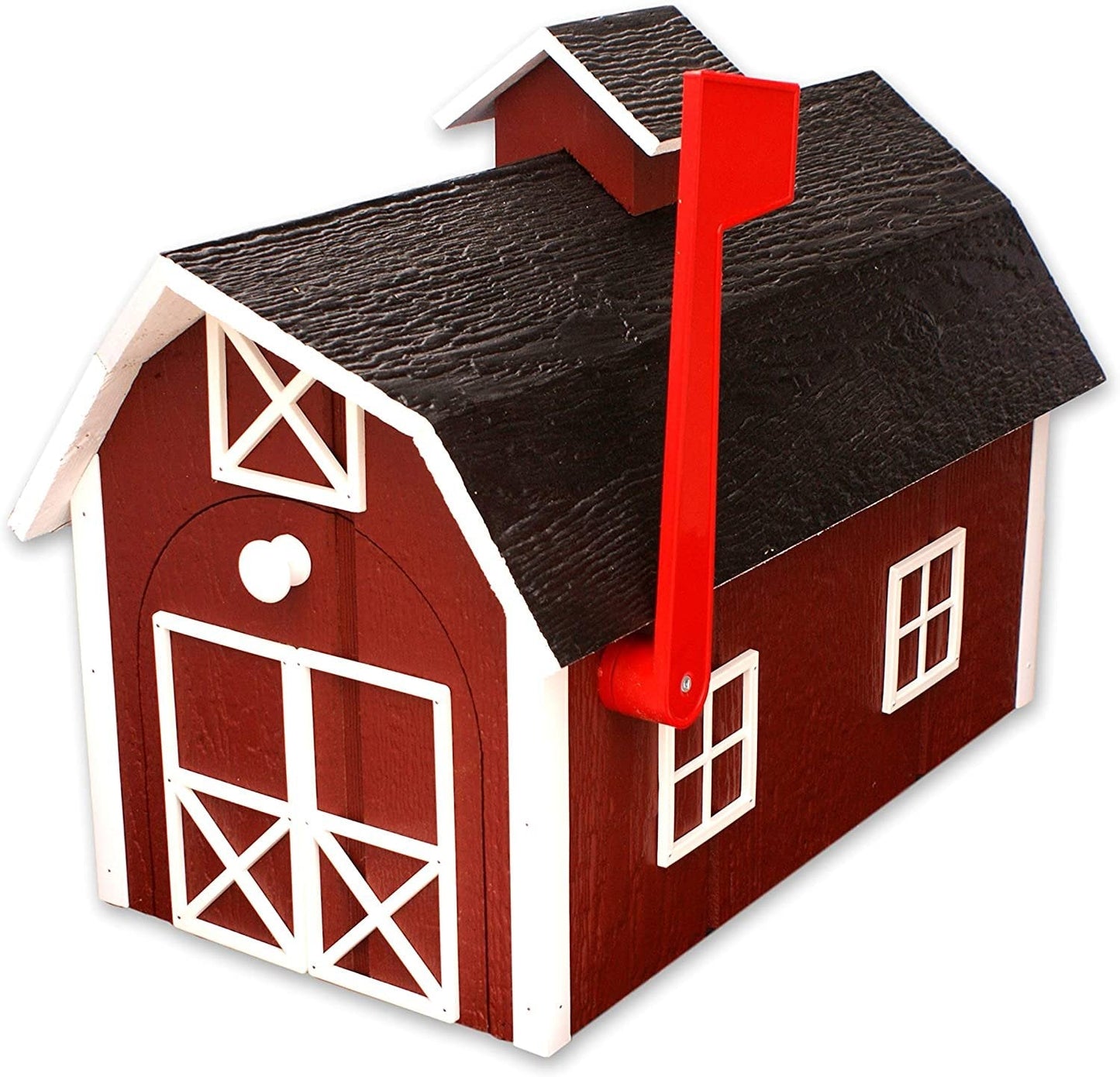 Amish-made wooden Dutch barn style mailbox mounted on a post, ideal for tools and home improvement projects.