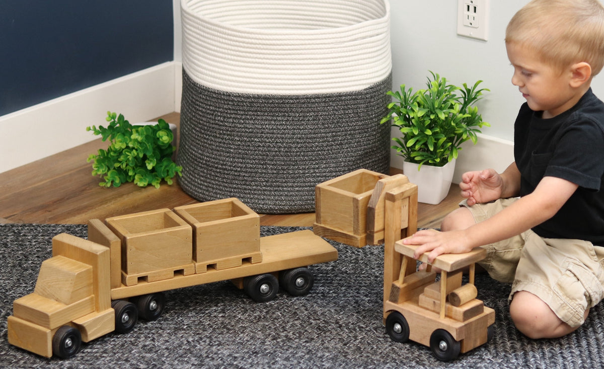 Amish-made large wooden truck and bin trailer with forklift toy set, crafted from wood, ideal for children's imaginative play.