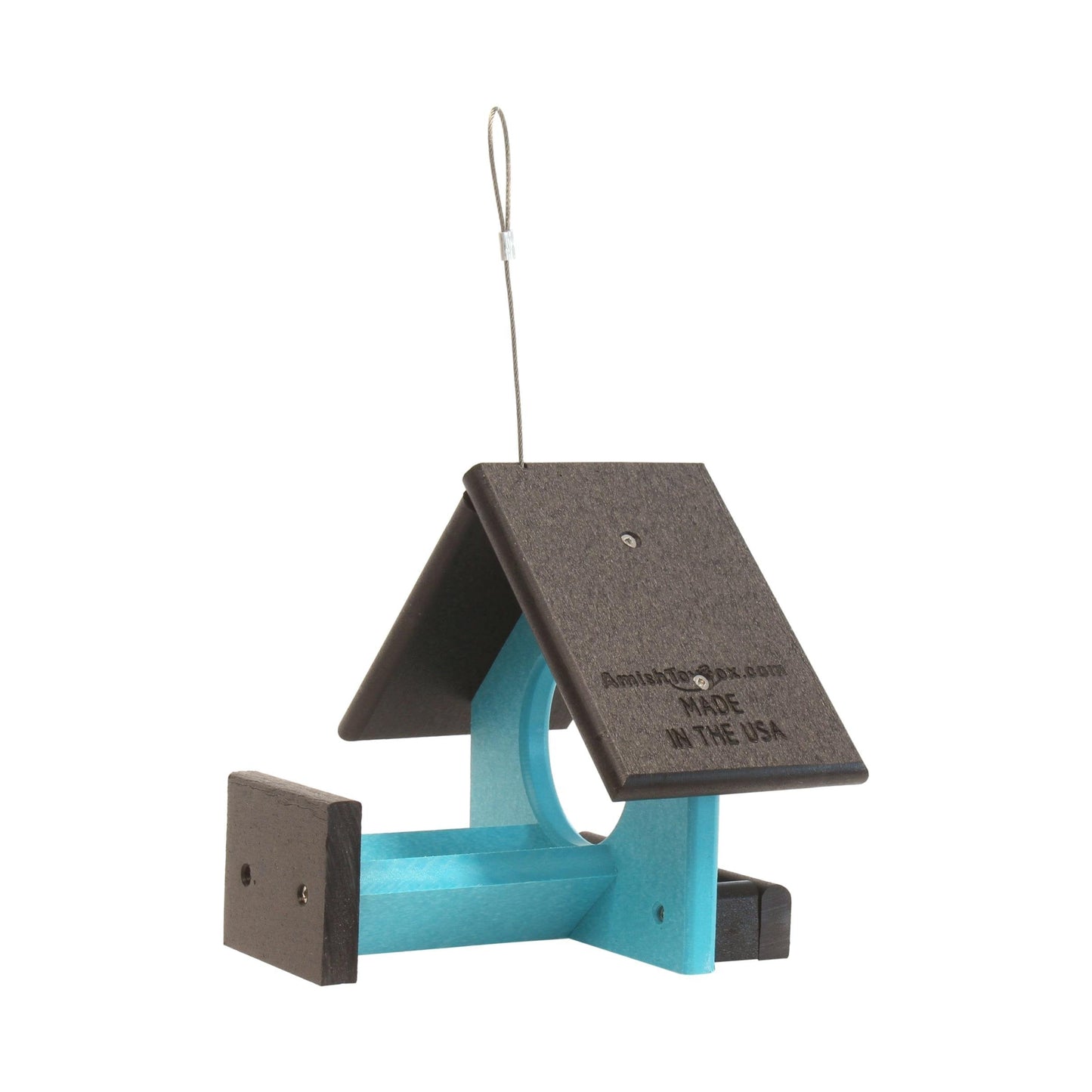 Amish-made peanut butter bird feeder designed for 18 oz. jars, featuring a wooden perch and clear feeding opening for backyard birds.