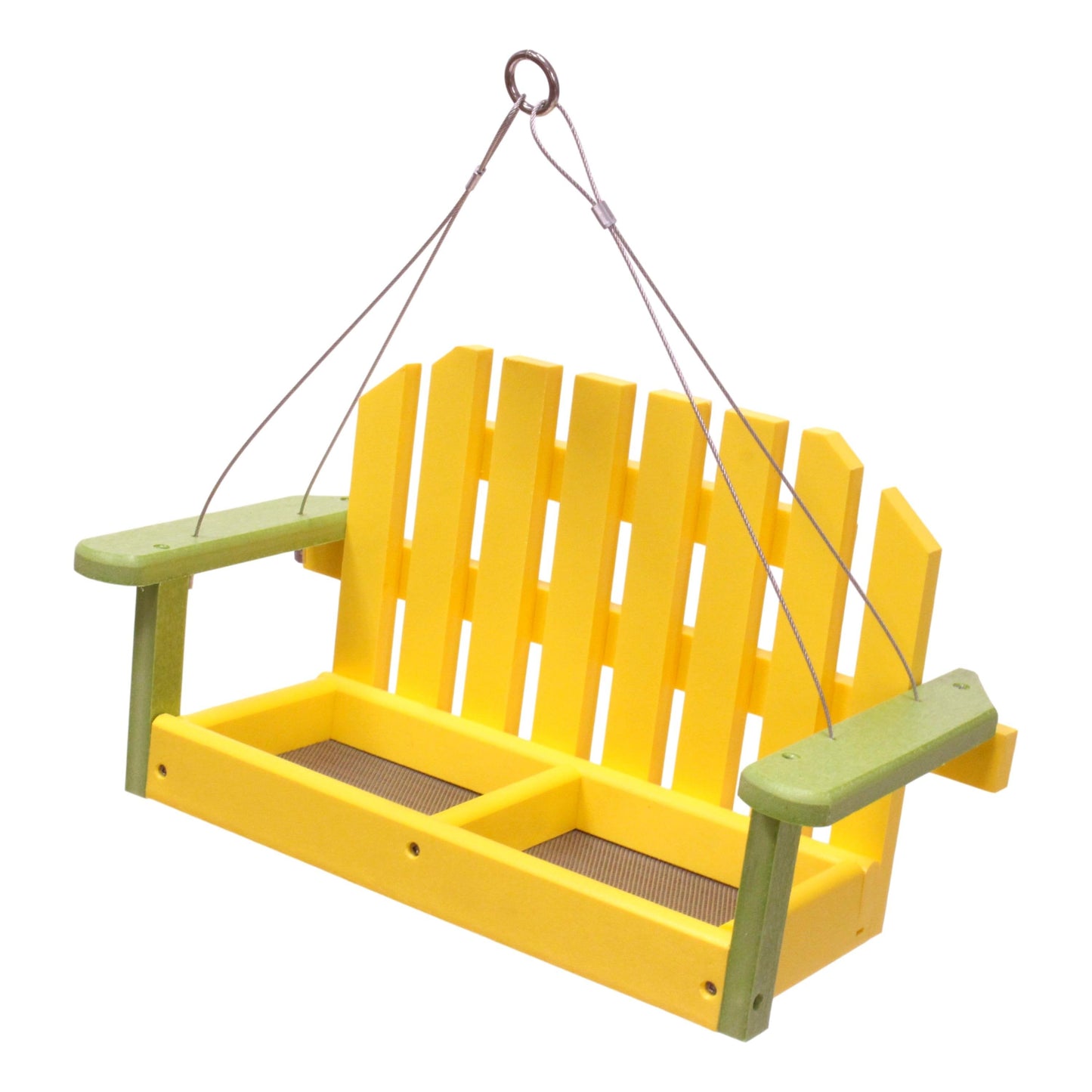 Amish-made porch swing bird feeder crafted from eco-friendly poly lumber, hanging decorative bird feeder for outdoor gardens.