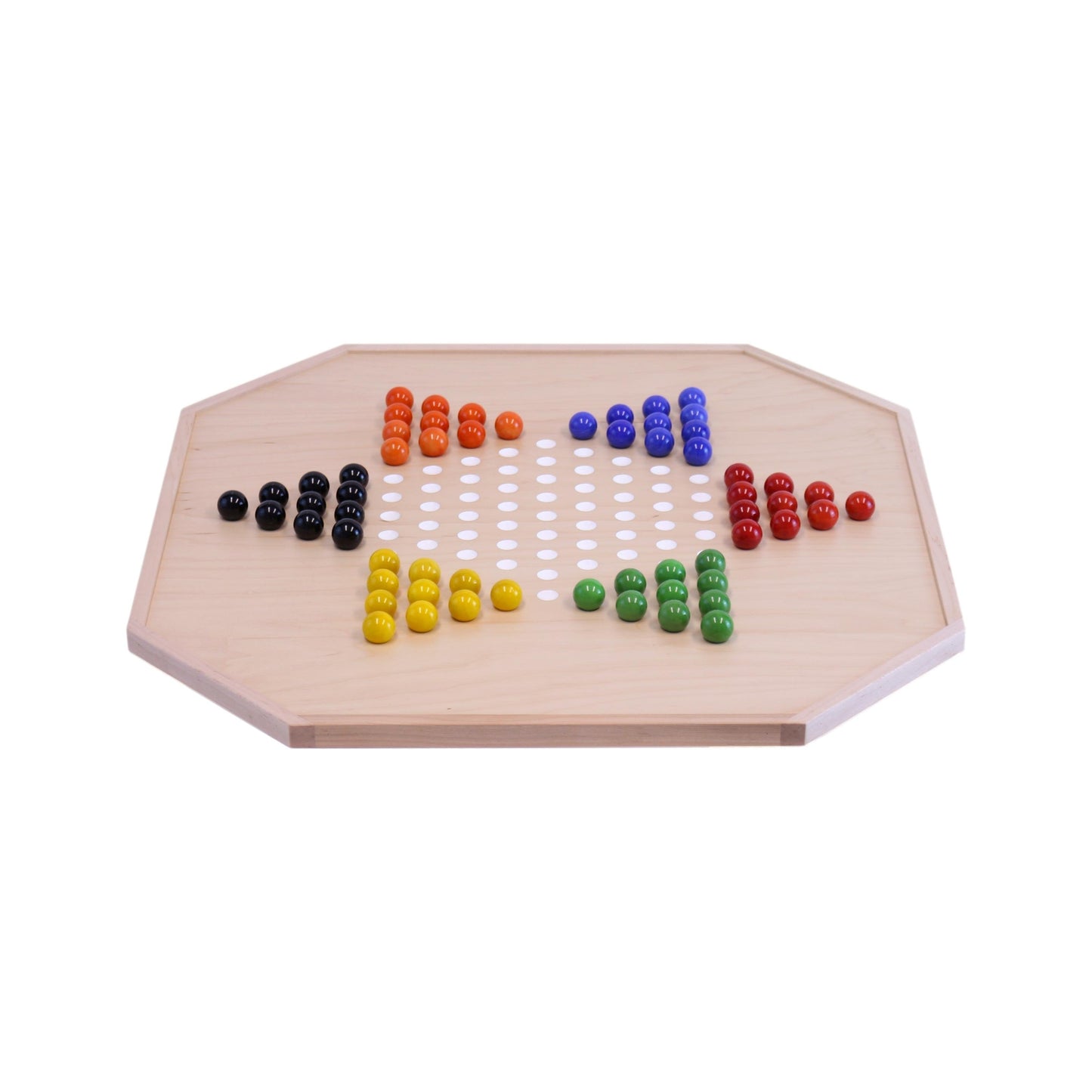 Maple wood Aggravation and Chinese Checkers combo game board with large marbles and dice, 25 inches wide, by AmishToyBox.com.