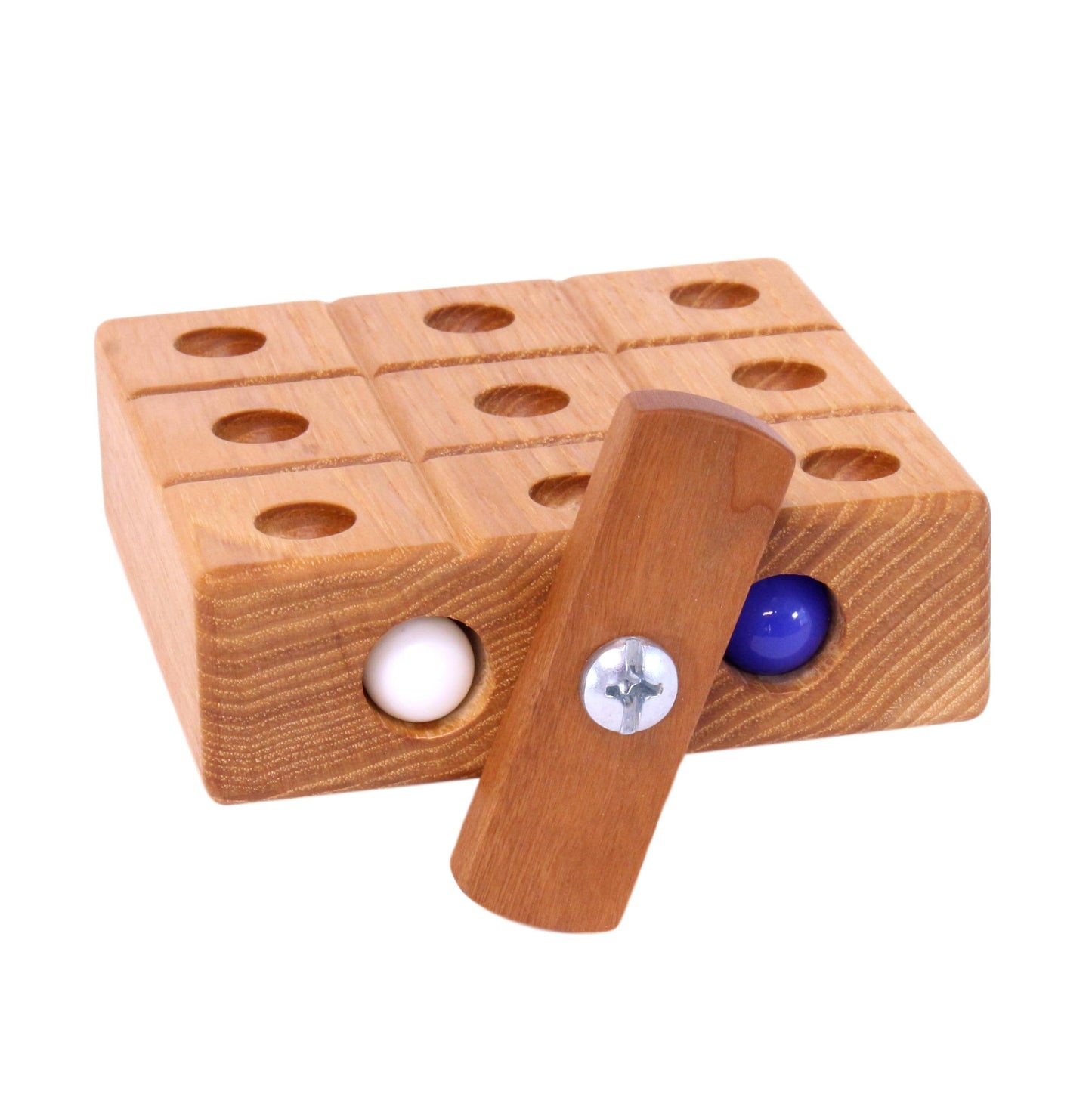 Wooden Tic Tac Toe game with built-in storage for marbles, crafted by AmishToyBox.com, featuring a classic wooden design with marbles.
