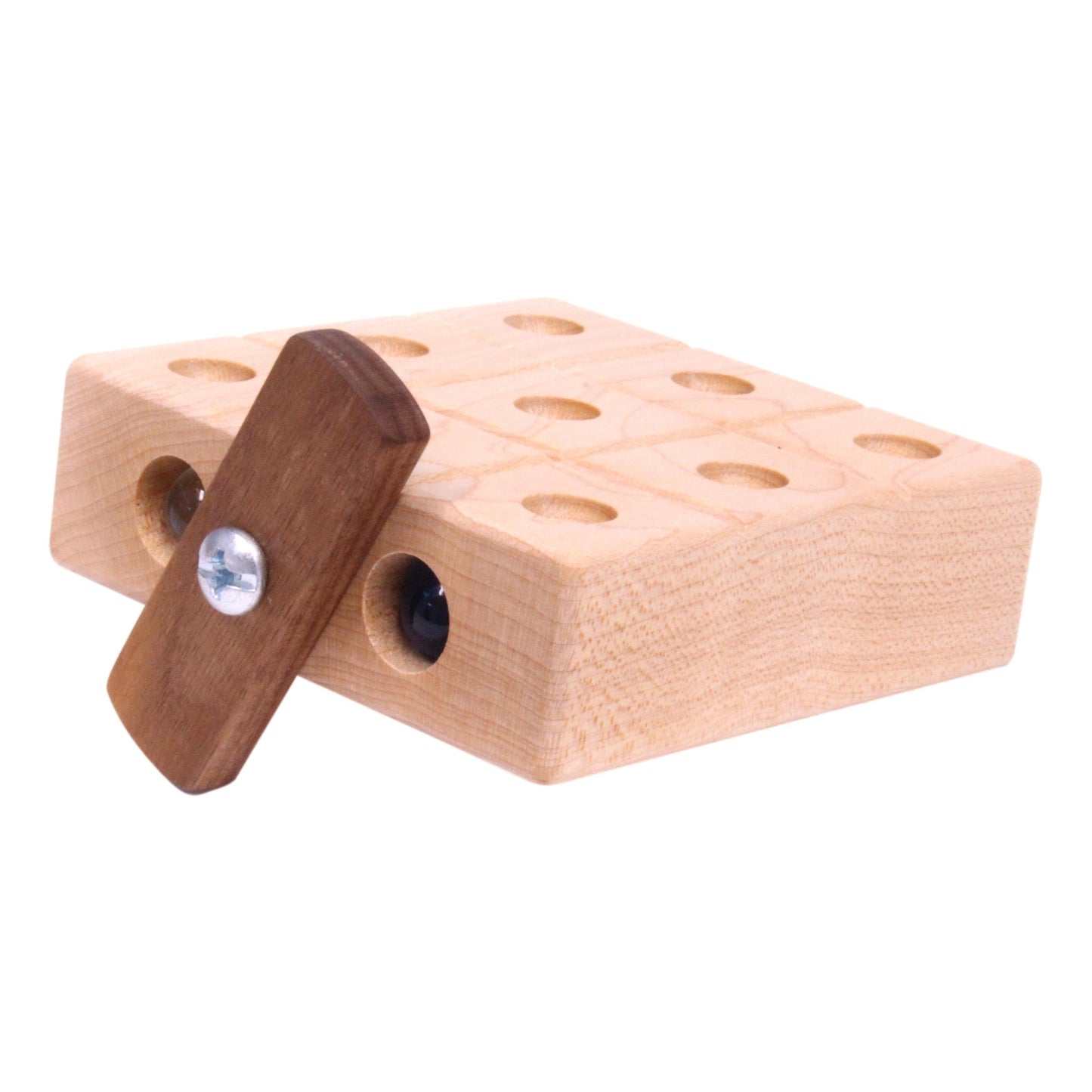 Wooden Tic Tac Toe game with marble storage, handcrafted AmishToyBox.com wooden toy for kids and family fun.