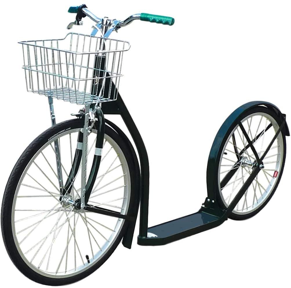 Amish-made adult kick scooter with 24-inch front wheel and 20-inch rear wheel, sturdy frame, and handlebars.