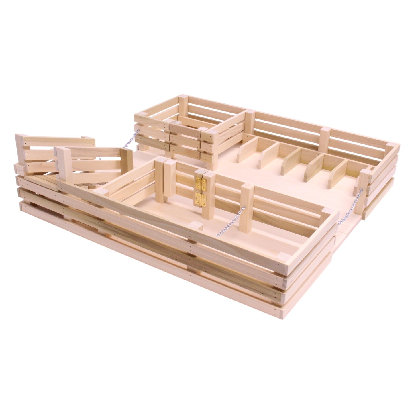Unfinished Amish-made wooden folding stock yard farm toy with detailed fencing and gate, suitable for children’s farm play.