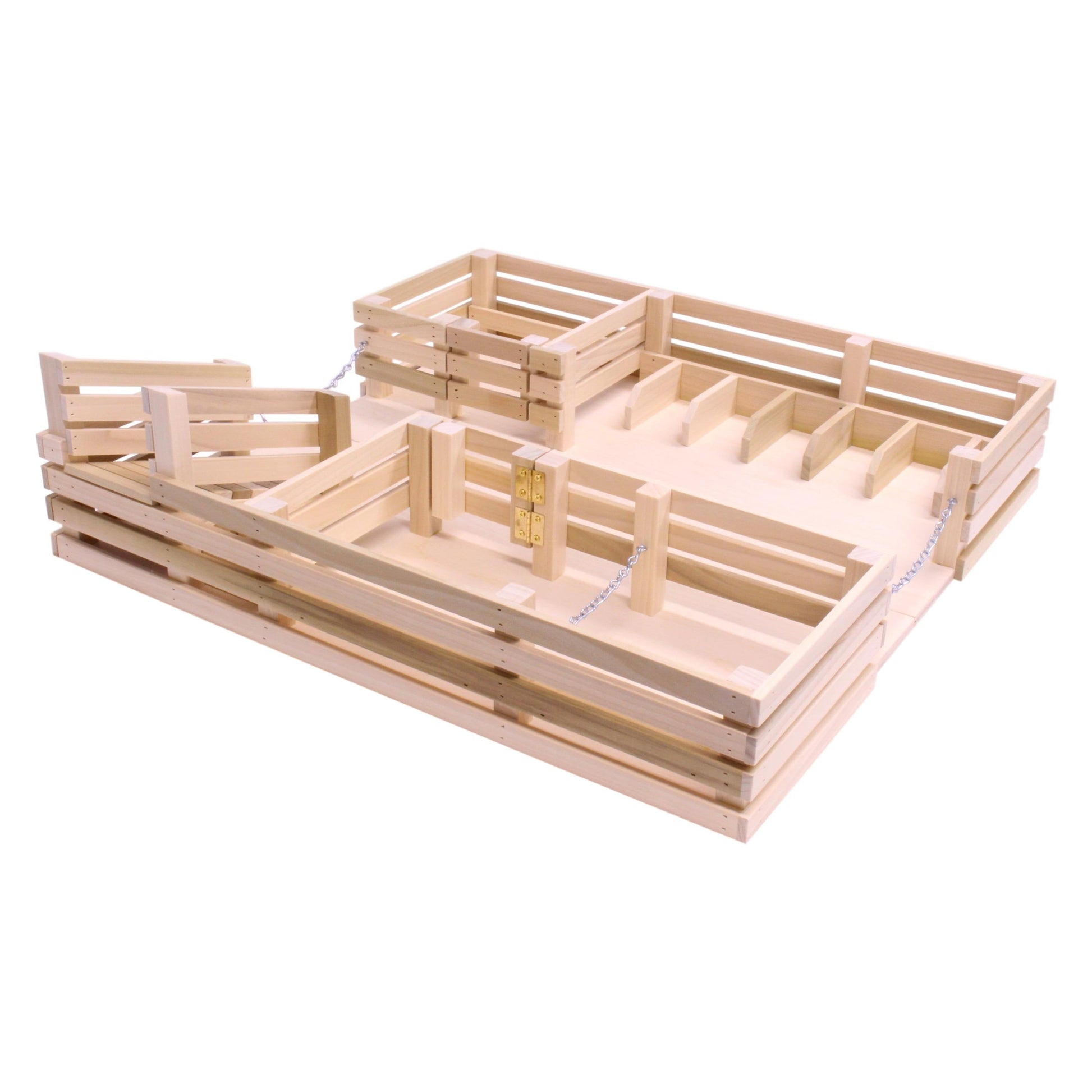 Unfinished Amish-made wooden folding stock yard farm toy with detailed fencing and gate, suitable for children’s farm play.