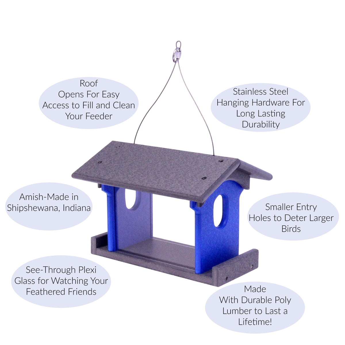 Amish-made bluebird feeder with poly lumber design for feeding mealworms, designed for attracting bluebirds.