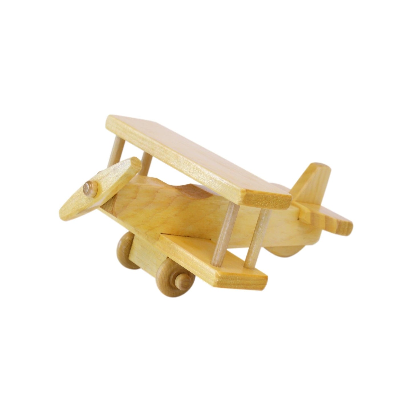 Wooden toy airplane with spinning propeller, AmishToyBox.com, kid-safe finish, crafted from smooth wood for children’s play.
