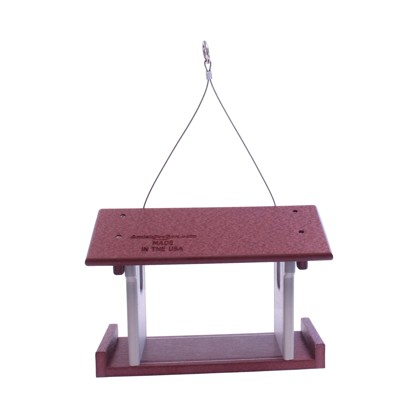 Amish-made bluebird bird feeder with poly lumber, designed for feeding mealworms, displayed outdoors with bluebirds nearby.