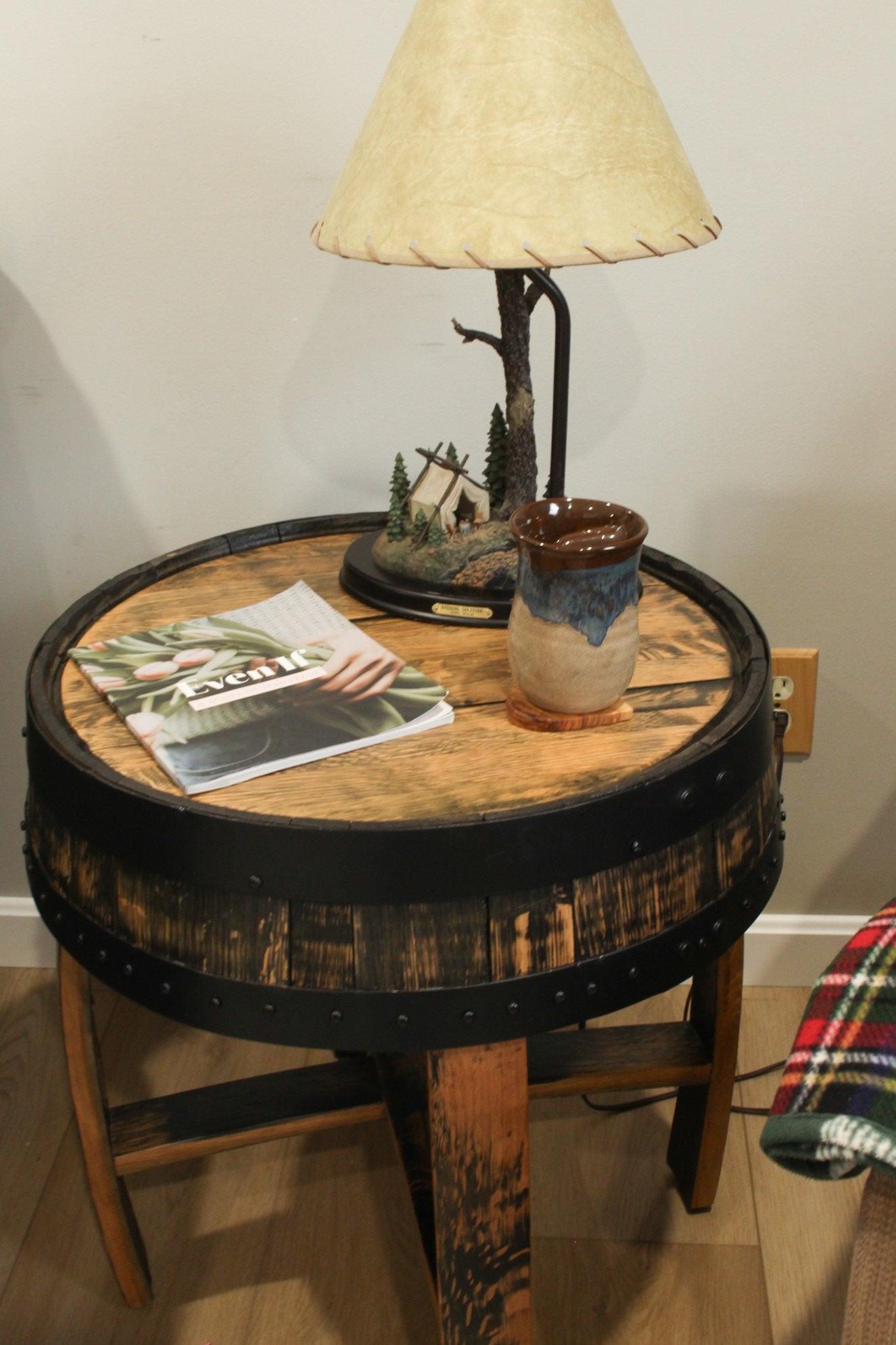 Amish-made rustic whiskey barrel end table with barrel rings, reclaimed wood, and a sturdy barrel-top design.
