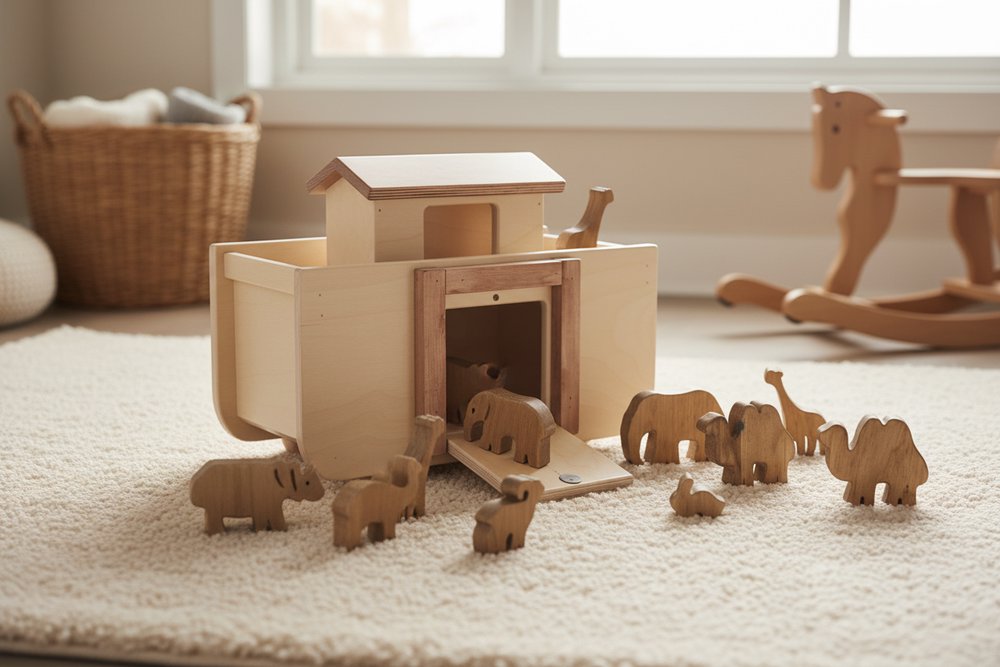 Amish-made wooden Noah's Ark toy with 14 colorful wooden animals, crafted for children, part of wooden toys collection