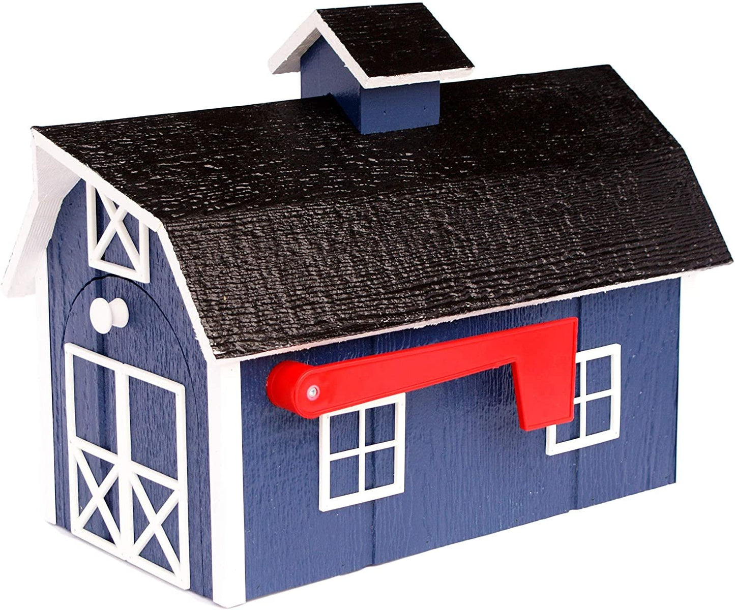 Amish-made wooden Dutch barn style mailbox mounted on a post, ideal for home improvement and traditional curb appeal.