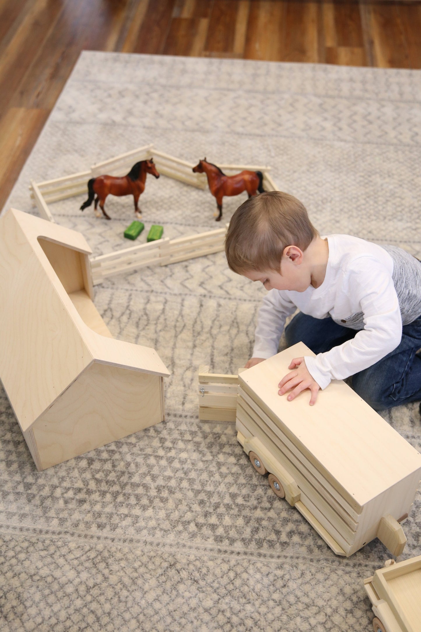 Unfinished wooden Amish-made ranch shed barn toy from AmishToyBox.com, featuring detailed craftsmanship in natural wood.
