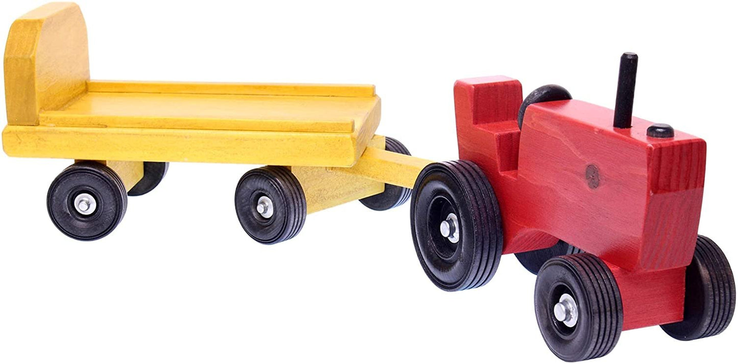 Amish-made wooden toy tractor and wagon set with hay bales, featuring detailed craftsmanship and natural wood finish.
