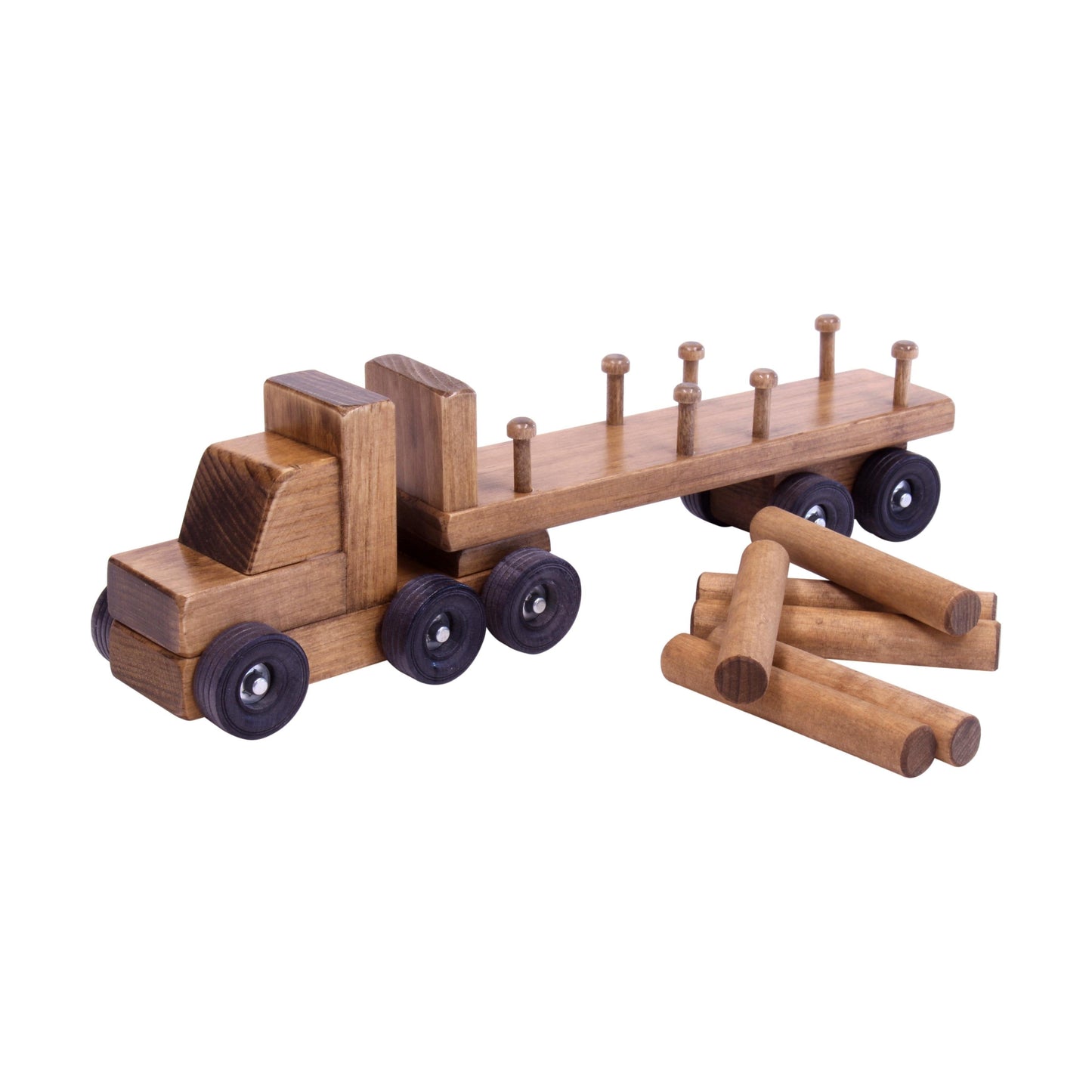 Amish-made wooden log semi-truck toy with removable logs, realistic truck design, and detailed wooden construction.