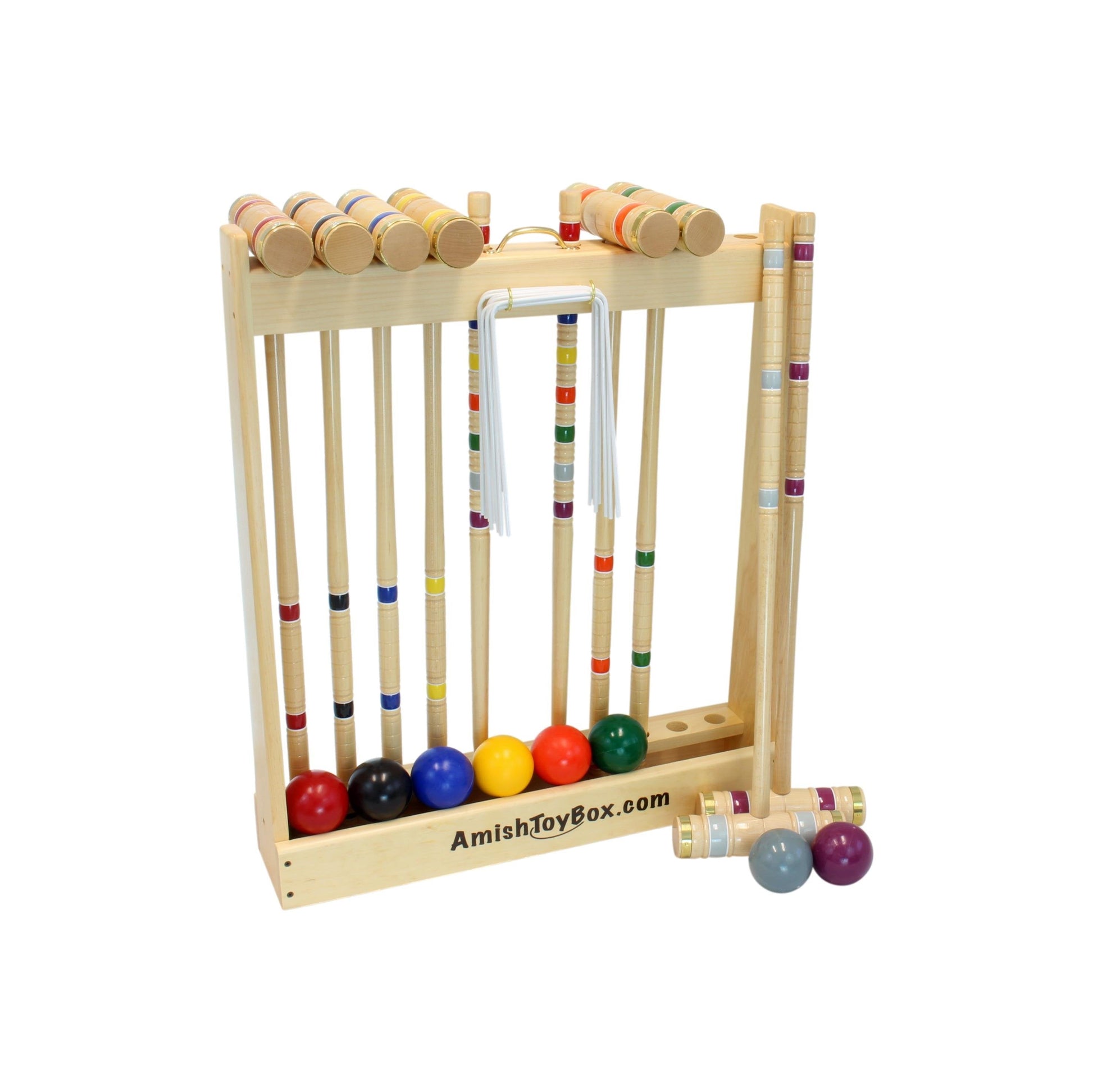 Deluxe 8-player wooden croquet game set with balls, mallets, and carrying bag for outdoor backyard fun.