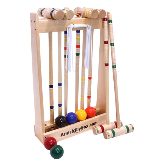 Amish-made Deluxe Croquet game set with six wooden mallets, balls, wickets, and a wooden holder for outdoor play.