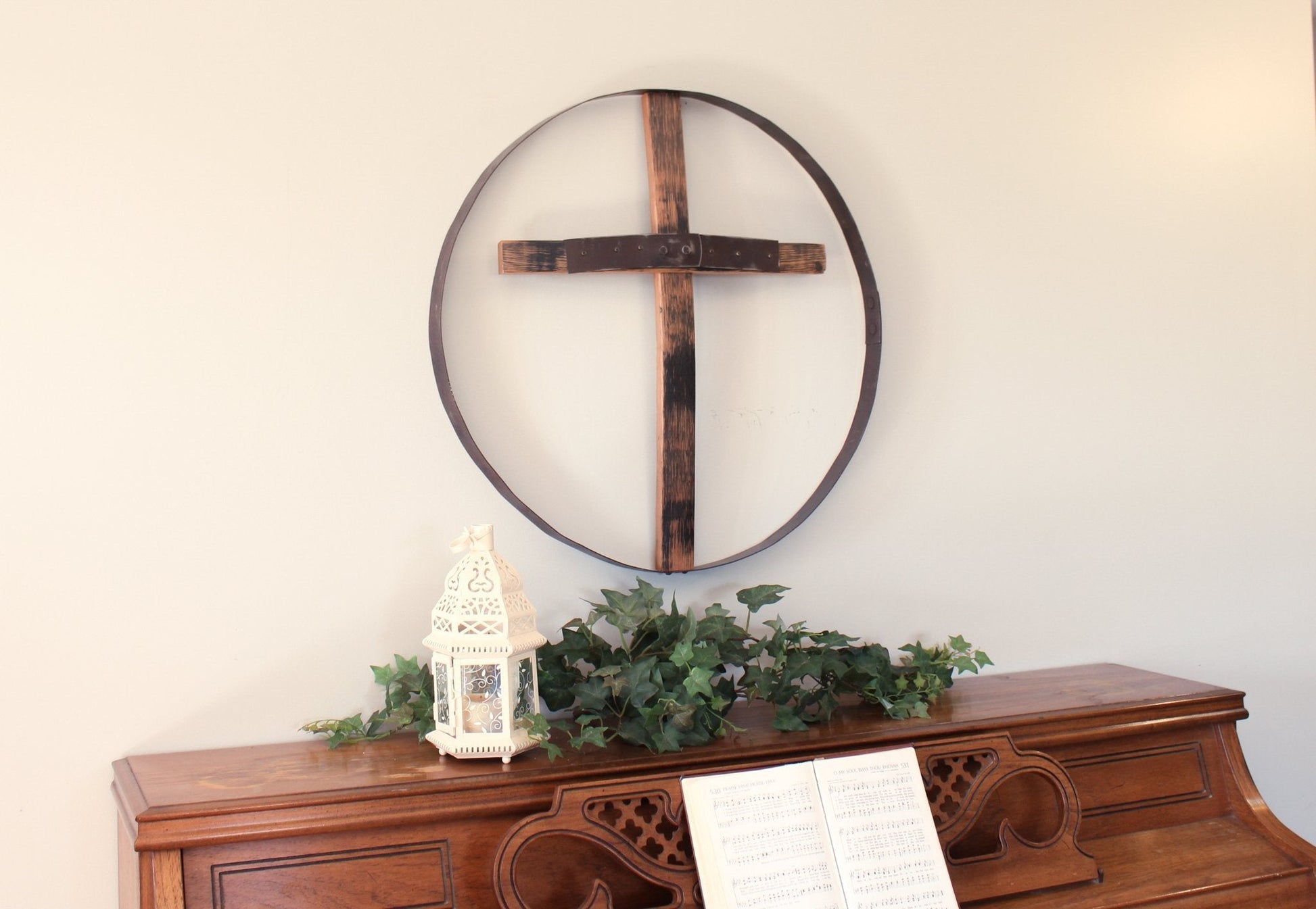 Rustic reclaimed barrel cross wall art, 23-inch diameter Amish-made religious wall decor with a weathered wood finish.