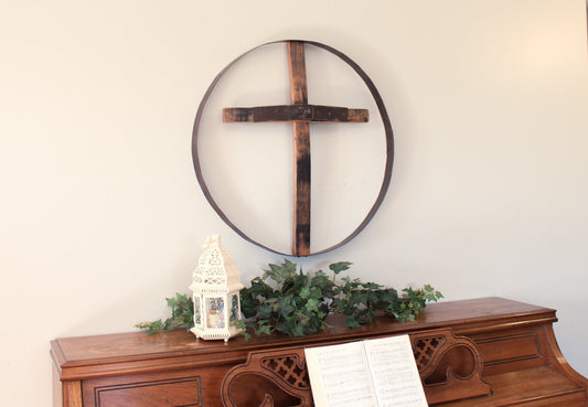 Rustic reclaimed barrel cross wall art, large 23-inch diameter Amish-made religious wall decor with weathered wood finish.