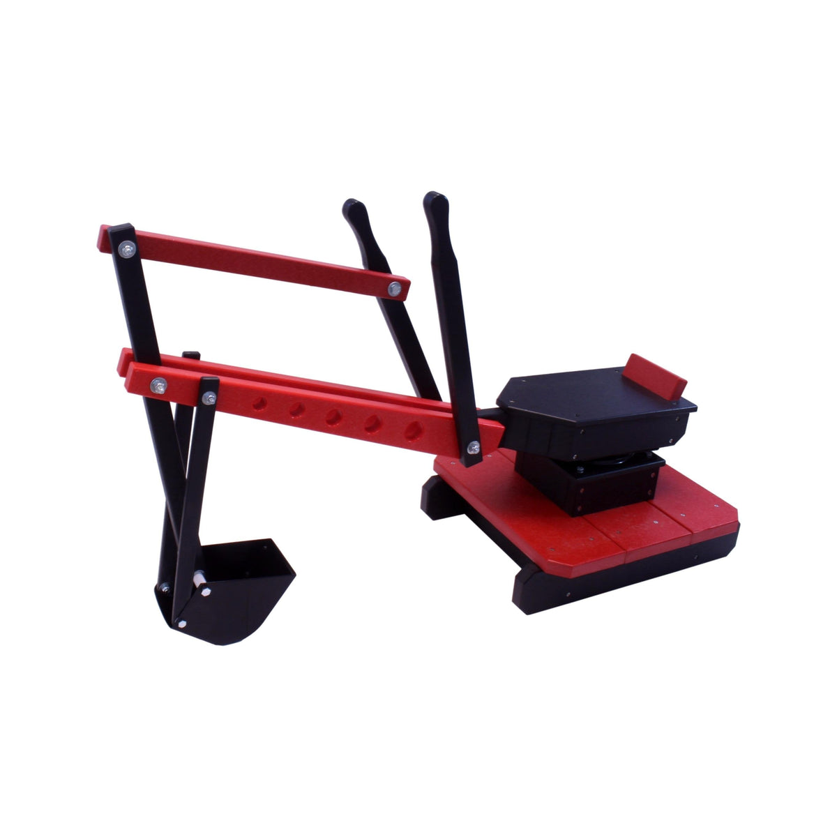 AmishToyBox.com sand digger excavator toy with movable levers and metal digging bucket, suitable for children’s imaginative play.