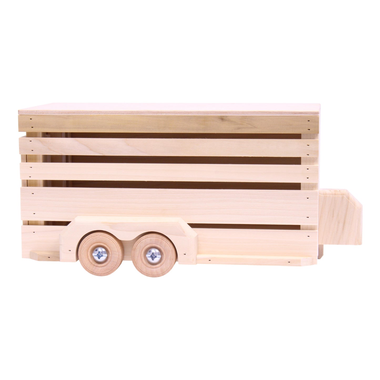 Unfinished wooden Amish-made horse trailer toy, durable and handcrafted wooden toy for children, displayed on a plain background.